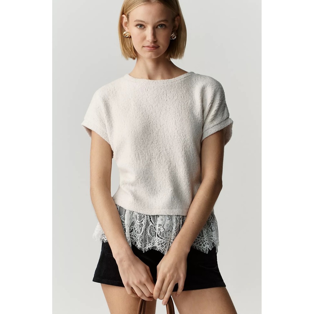Anthropologie Maeve NWT Ruffled Lace Tee Small Beige Old Money Office Feminine